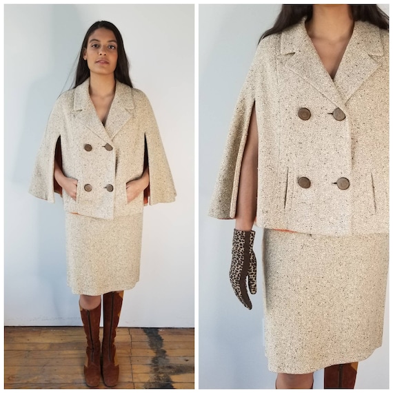 Vintage 1960s beige flecked wool skirt & cape set