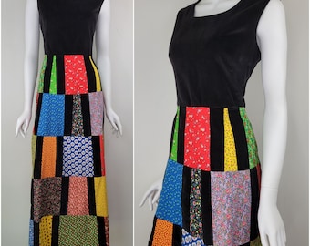 Abito lungo vintage in patchwork e velluto anni '70, taglia S/M / abito patchwork anni '70 / abito autunnale / abito da sera / Small S Medium M 27W 28W
