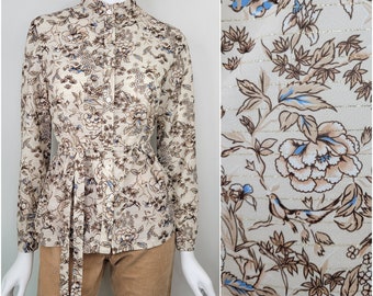 Blusa vintage de los años 70 con estampado de pájaros y flores con hilos dorados. Talla S/M / Blusa con estampado original de los años 70 / Abotonada / Pequeña S Mediana M 32B 34B 36B