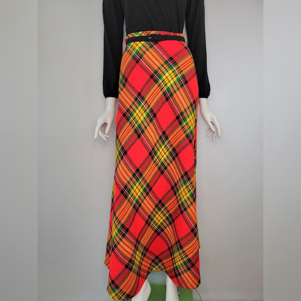 Vintage 1970s bright plaid wool blend maxi skirt, Size S 27W plaid / 1970s psychedelic plaid skirt / Wool maxi skirt / Winter skirt / Small