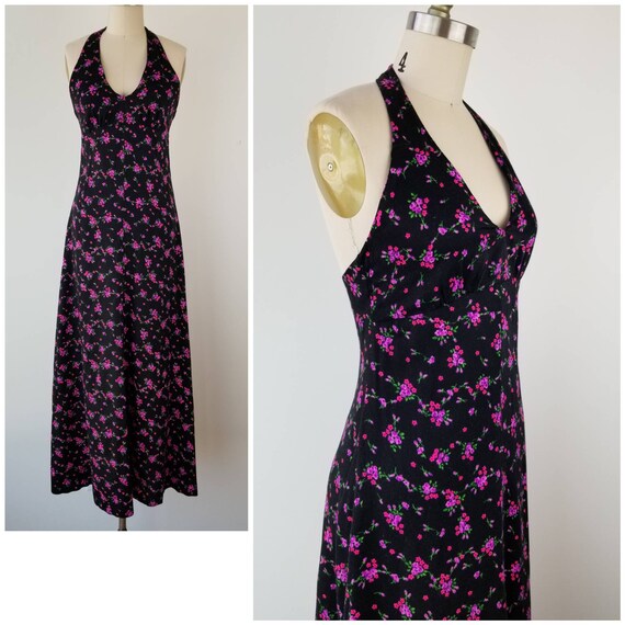 Vintage 1970s Size XS / S black floral calico hal