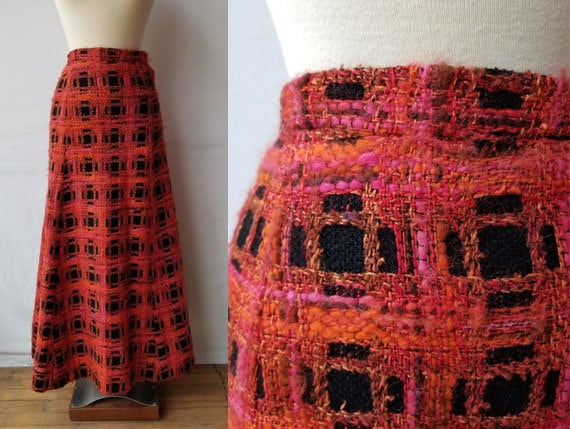 Vintage 1970s Size XS/S plaid A-line heavywool max