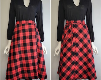 Vintage 60s/70s buffalo plaid wrap skirt, wool blend, by Valerie Sportswear New York, Size M 27-30W / 1970s buffalo plaid skirt / Medium M