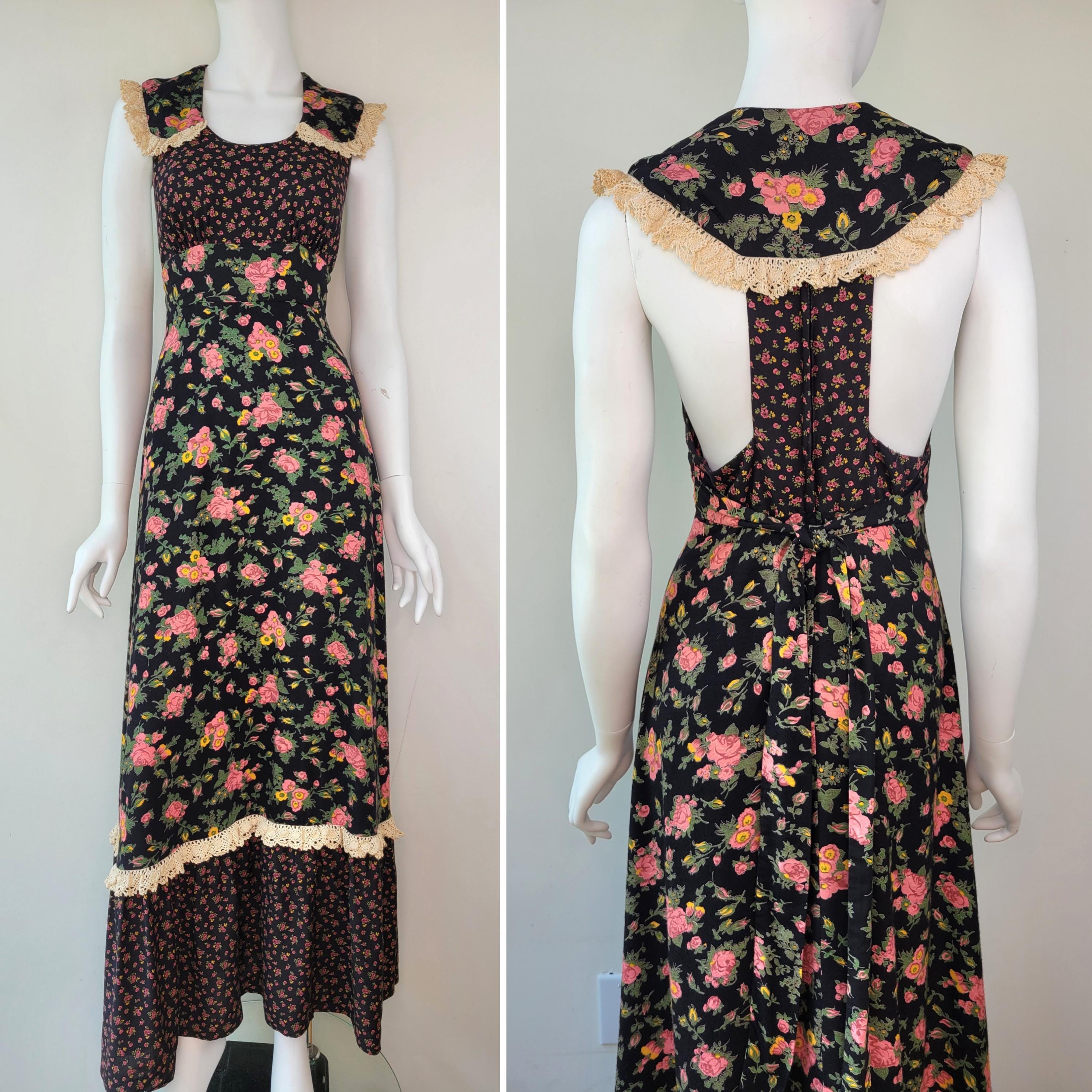 ヴィンテージ　70s young edwardian 花柄ワンピース Vintage 1970s Young Edwardian Razor Back Floral Maxi Dress Size S