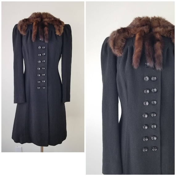 Vintage 1930s Size S / M black wool crepe military