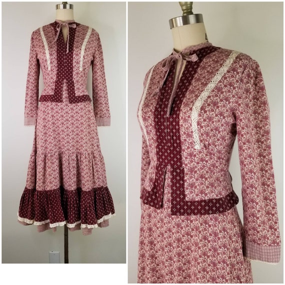 Vintage 1970s Gunne Sax Calico peplum midi dress,