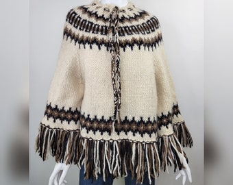 Vintage 1970s mohair wool fringed poncho with sleeves, hand knit, Size S-L / 70s hand knit wool poncho / Small S Medium M Large L