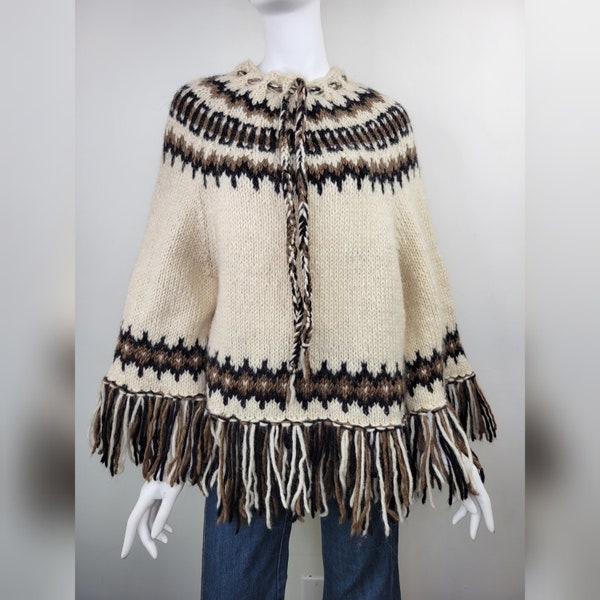 Vintage 1970s mohair wool fringed poncho with sleeves, hand knit, Size S-L / 70s hand knit wool poncho / Small S Medium M Large L