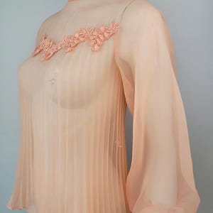 May include: A peach-colored, sheer blouse with a pleated bodice and long, voluminous sleeves. The neckline is adorned with delicate, peach-colored floral lace. The blouse is displayed on a mannequin.