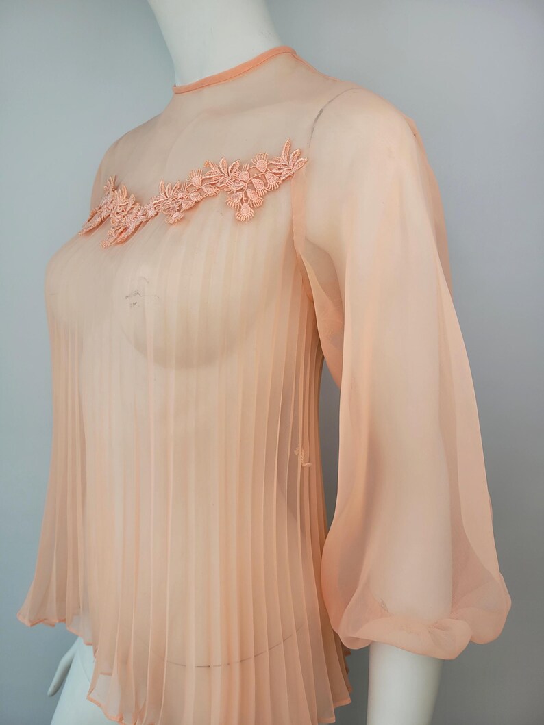 May include: A peach-colored, sheer blouse with a pleated bodice and long, voluminous sleeves. The neckline is adorned with delicate, peach-colored floral lace. The blouse is displayed on a mannequin.
