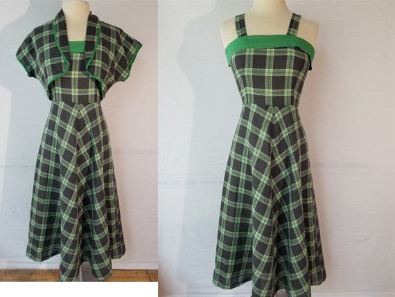 Vintage 1940s Size S cotton plaid sundress with ba