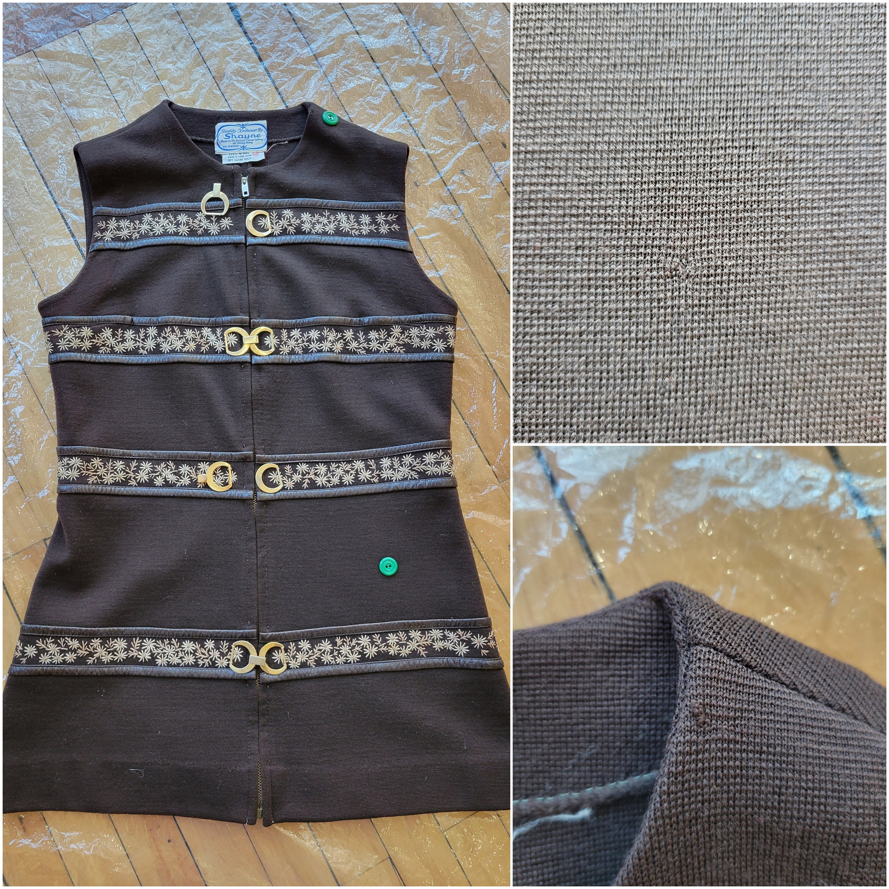 Vintage 1960s Wool Zip Front Vest With Embroidered Floral, Quality