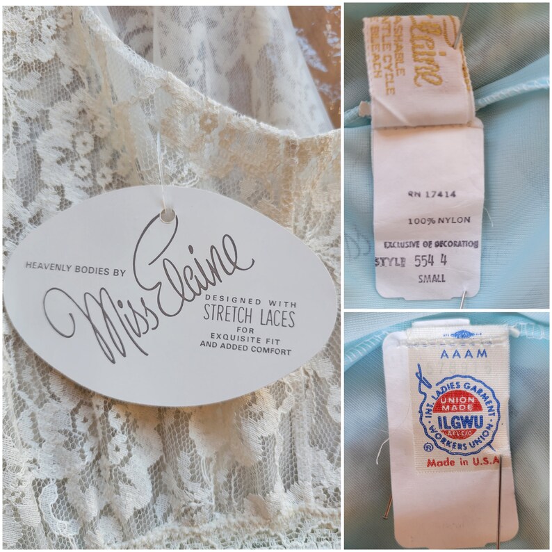 May include: White lace lingerie with a light blue trim. The tag reads "Miss Elaine" and "Designed with Stretch Laces for Exquisite Fit and Added Comfort". Another tag reads "100% Nylon, Style 554 4, Small".