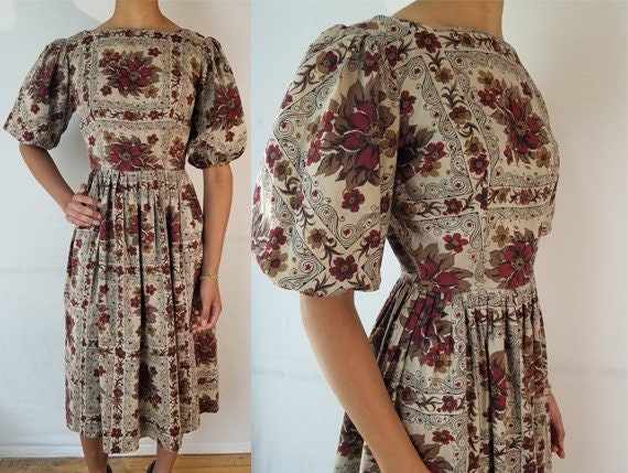 Vintage 1960s XS/S floral cotton dress with puff h