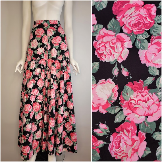 1970s rare Eikont label rose print tiered maxi skirt, Size S 26W / 1970s floral maxi skirt / Vintage 1970s Eikont skirt / European fashion