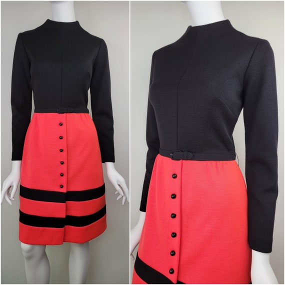 Vintage 1960s wool color block dress, Size S 26W … - image 1