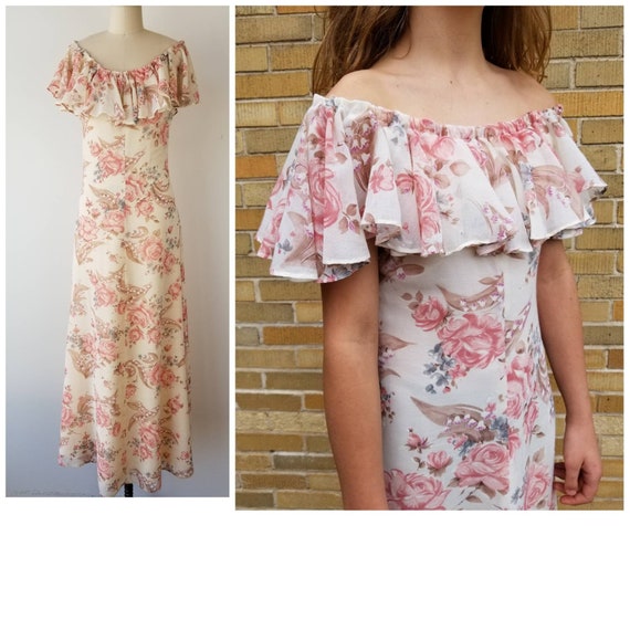 Vintage 1970s Size XS / S rose print off-the-shoul