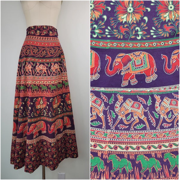 Original 1970s Indian cotton wrap skirt, Size L/XL / 70s Indian wrap skirt / 1970s hippie wrap maxi skirt / Large L XL 32W 33W 34W 35W