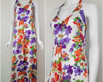 Vintage 1970s floral maxi dress beach dress by California Popply, Size S/M / 1970s maxi dress / Pool party dress Swim dress Small S Medium M