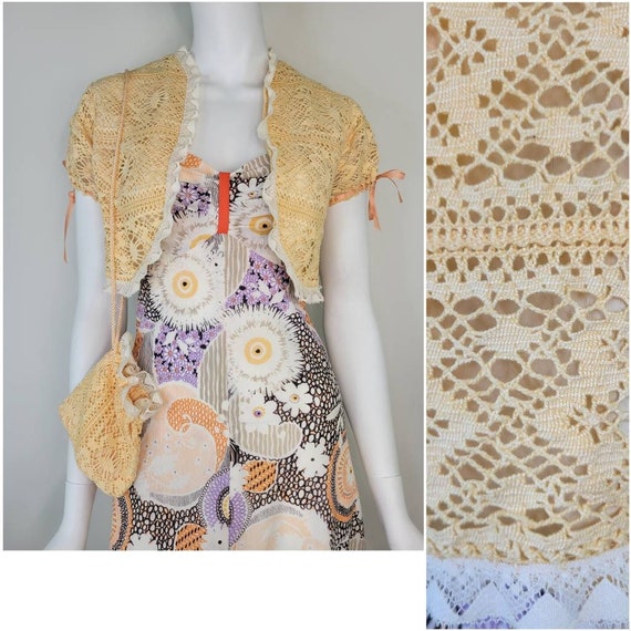 Vintage 1970s crochet bolero with matching purse … - image 1