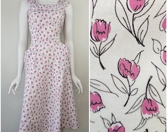 Vintage 1940s Tulip print waffle cotton sundress dress by Alamo Size S/M 27W 28W / 1940s floral sundress / 1940s floral cotton dress