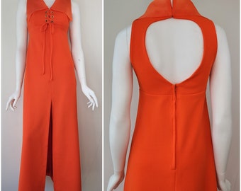 Vintage 1970s orange maxi dress with high split and open back, Size S / 70s halter dress / 70s maxi dress / 1970s party dress / Small S