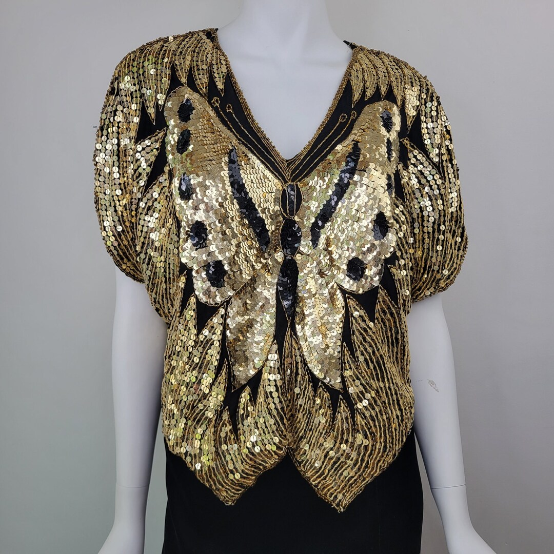 Vintage 1970s Butterfly Sequin Top Size SL / 1970s Gold Etsy