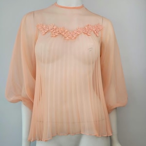 May include: A peach-colored, sheer blouse with a high neckline and three-quarter sleeves. The blouse features a pleated bodice and a delicate floral lace appliqu&eacute; across the chest. The fabric appears lightweight and flowing, suggesting a vintage or romantic style.