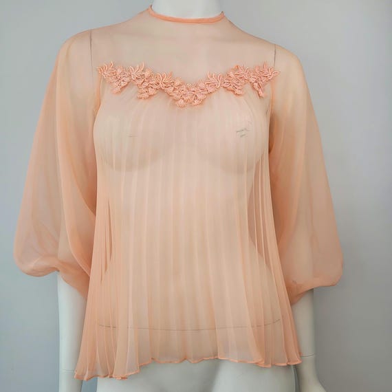 Vintage 1950s Nylon blouse with pleating and balloon sleeves, Size S up to 35B