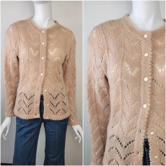 Vintage 1970s Mohair Lace Knit Cardigan by J.G. Hook Size S-M 