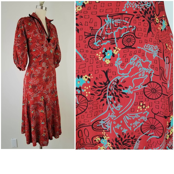 Vintage 1940s Size S lady and car print rayon dres