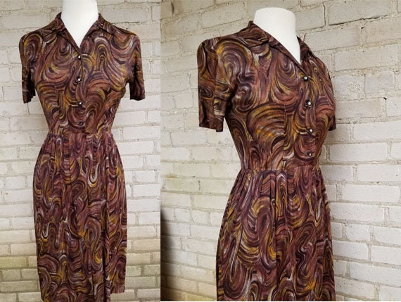 Vintage 1950s Small chocolate swirl jersey dress /