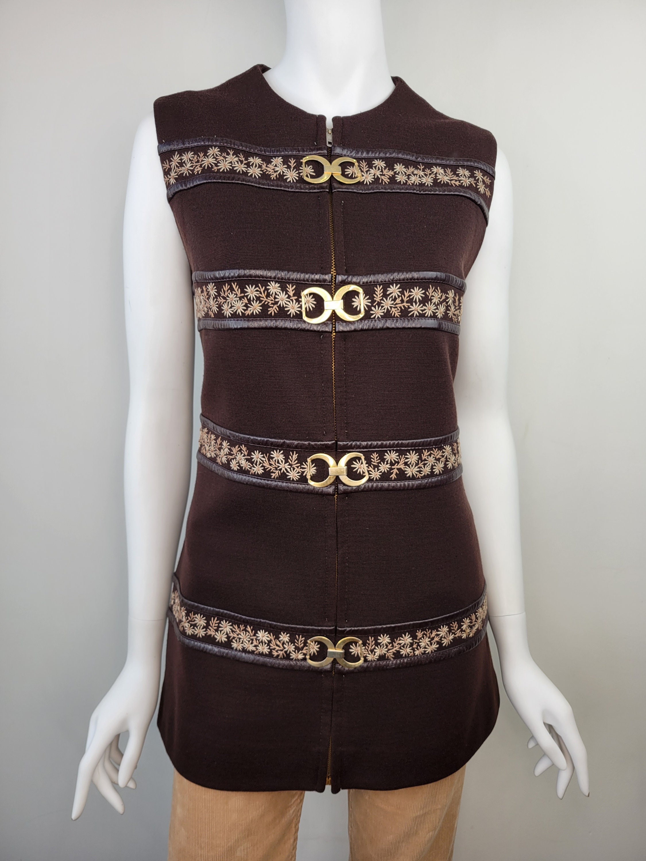 Vintage 1960s Wool Zip Front Vest With Embroidered Floral, Quality