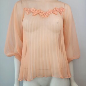 May include: Peach-colored sheer blouse with a high neckline and short, puffy sleeves. The blouse features a pleated front and a delicate floral lace detail across the chest. The fabric appears lightweight and flowing, creating a soft, feminine look.