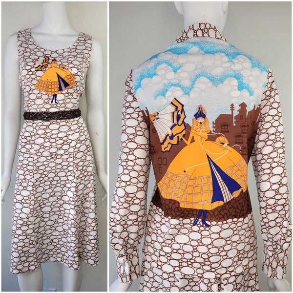 Vintage 1970s Novelty print 3 piece set, top skirt jacket set, by Young East, Size S-M / 70s does deco / 1970s Deco print dress / Medium M