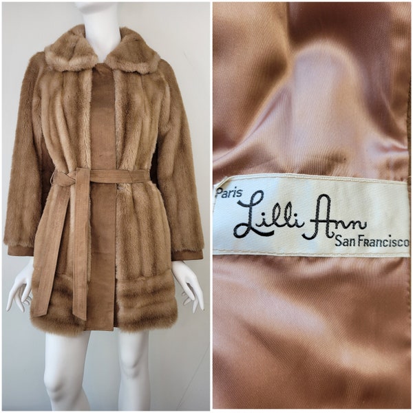 Vintage 1960s Lilli Ann faux fur and suede belted coat, Size M 36B 37B 38B / 1960s Lilli Ann coat / 1960s faux fur suede coat / Medium M