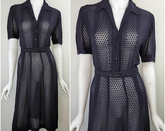 Vintage 1940s sheer polka dot dress with gored skirt & belt, Size M/L 30-32W / 1940s sheer dress  / 1940s rayon dress / Medium M Large L