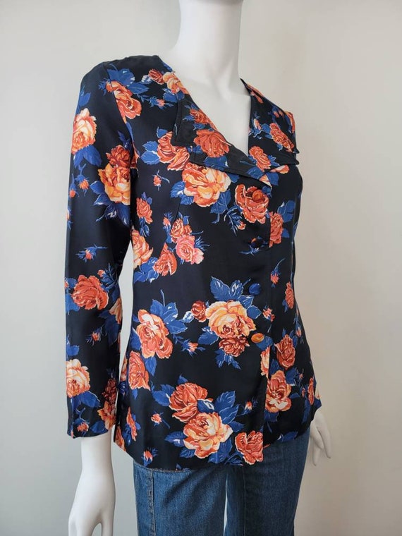 Vintage 1970s rose print blouse, low cut double c… - image 4