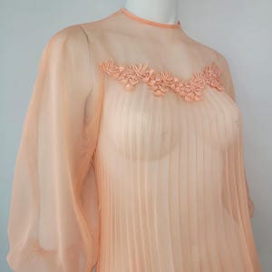 May include: Peach-colored, pleated dress with sheer sleeves and a high neckline. The dress features a delicate, floral lace appliqu&eacute; across the chest. The fabric appears lightweight and flowing, ideal for special occasions.