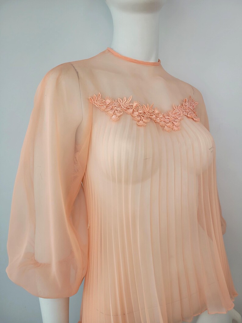 May include: Peach-colored, pleated dress with sheer sleeves and a high neckline. The dress features a delicate, floral lace appliqu&eacute; across the chest. The fabric appears lightweight and flowing, ideal for special occasions.