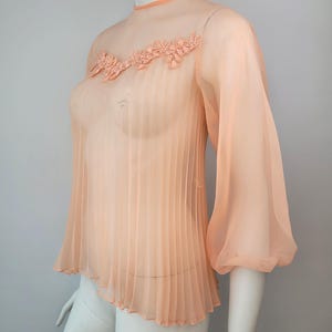 May include: Peach-colored sheer blouse with a high neckline and pleated bodice. The blouse features three-quarter length, voluminous sleeves and delicate floral embroidery across the chest. The fabric appears lightweight and flowing.