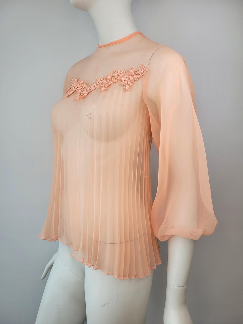 May include: Peach-colored sheer blouse with a high neckline and pleated bodice. The blouse features three-quarter length, voluminous sleeves and delicate floral embroidery across the chest. The fabric appears lightweight and flowing.