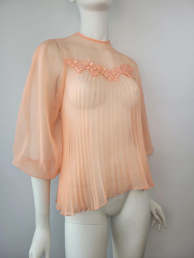 May include: A peach-colored, sheer blouse with a high neckline and three-quarter sleeves. The blouse features a pleated front and a delicate floral lace detail across the upper chest. The fabric appears lightweight and flowing.
