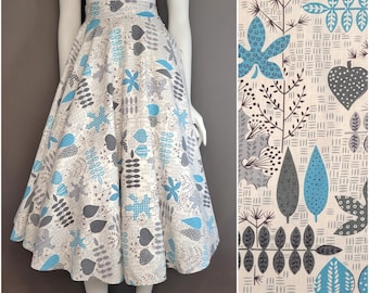 Vintage 1950s leaf print cotton circle skirt, Size XS/S 24W 25W / 1950s novelty print skirt / Mid Century skirt / Atomic print / XS Small S