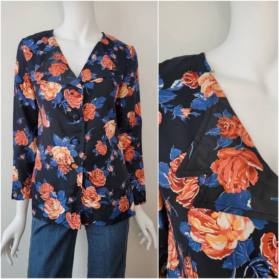 Vintage 1970s rose print blouse, low cut double c… - image 1