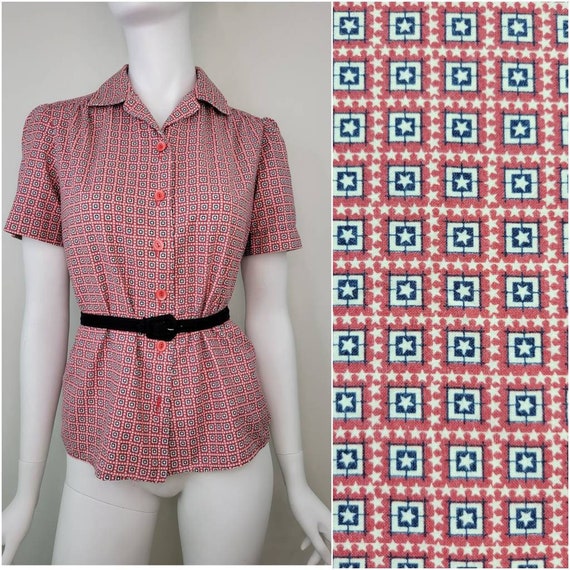 Vintage 1940s Star print cotton blouse shirt, Siz… - image 1