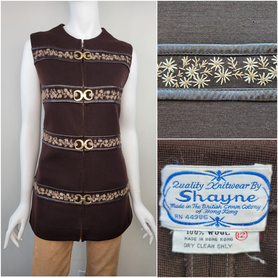 Vintage 1960s Wool Zip Front Vest With Embroidered Floral, Quality