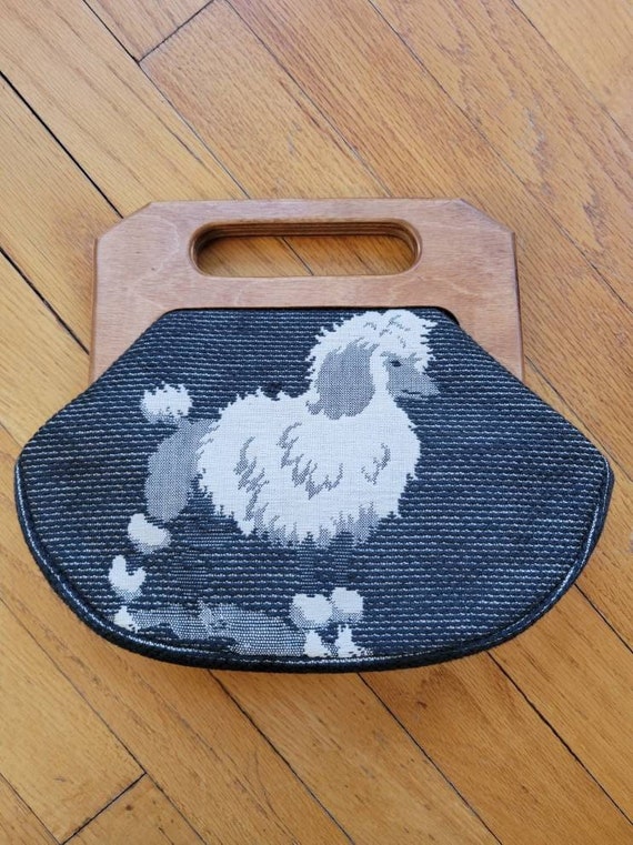 Vintage 1950s Poodle purse with wood handles in e… - image 1