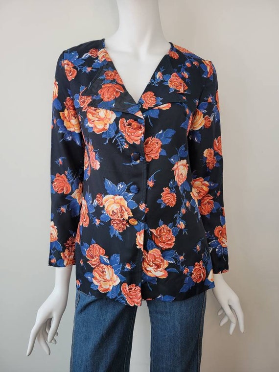 Vintage 1970s rose print blouse, low cut double c… - image 2