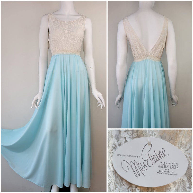 May include: A light blue maxi-length nightgown with a white lace bodice. The gown is designed with stretch laces for an exquisite fit and added comfort. The label reads "Heavenly Bodies by Miss Elaine".